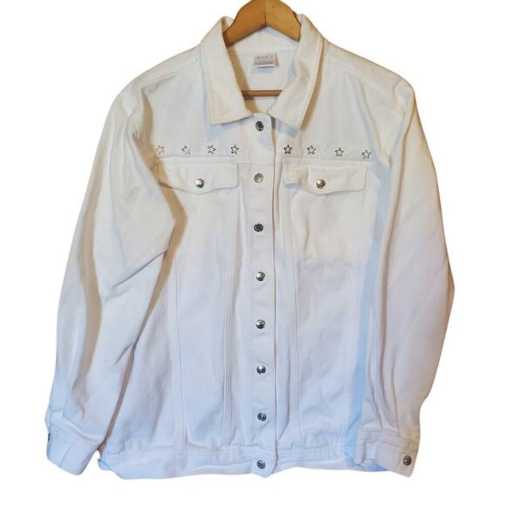 Vtg Avon Denim Jacket Women Sz L‎ White Embellished Stars Snap Pockets Retro